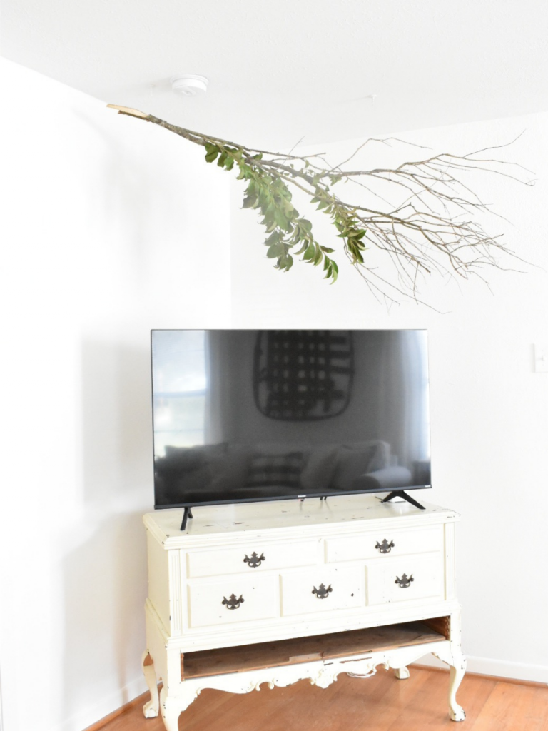 white dresser with TV sitting on top and a live branch hanging from the ceiling overhead