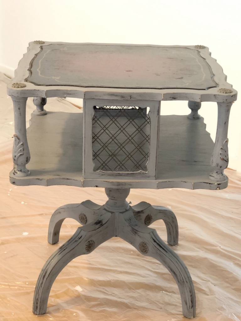 square gray side table with leather inset top