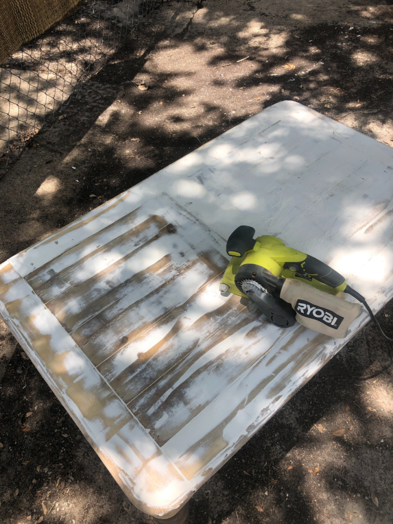 top view of coffee table with sanding process of joint compound