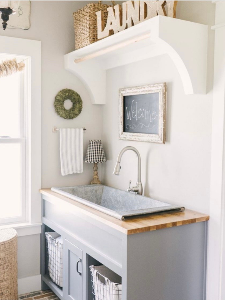 laundry room sink on butcher block counter 