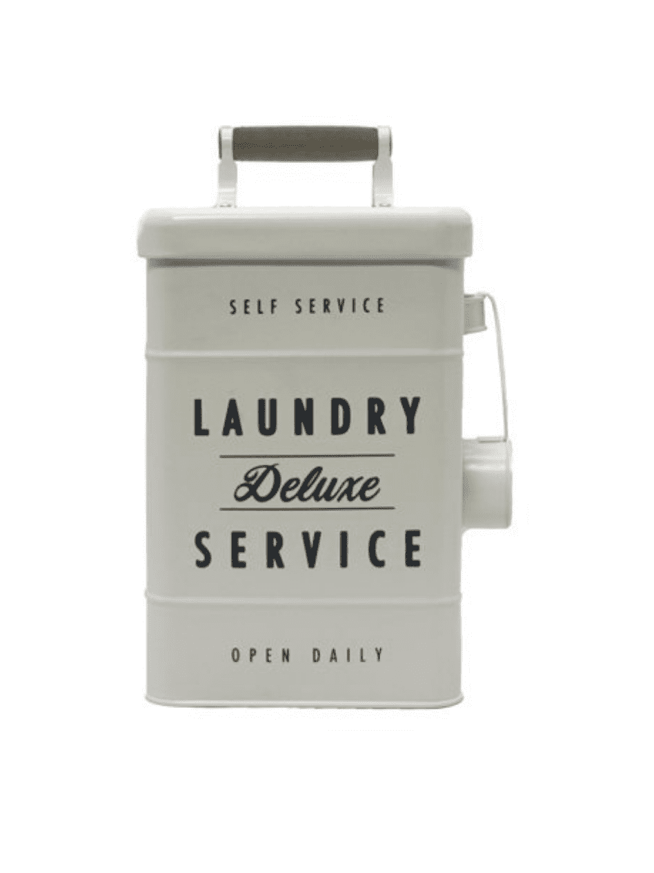 white enamel laundry detergent holder with black lettering