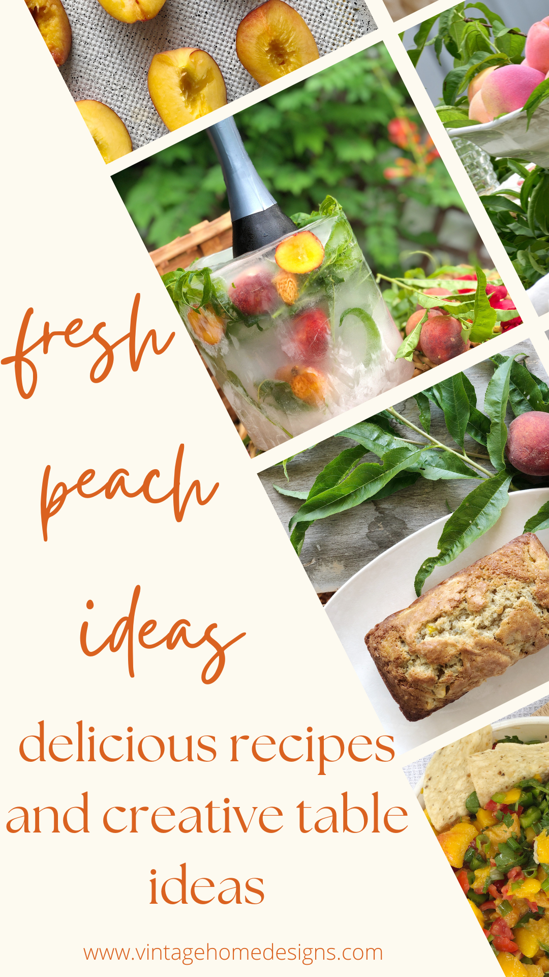 3 photos of peach recipes peach bread peach ice bucket peach salsa Pinterest graphic for fresh peach ideas 