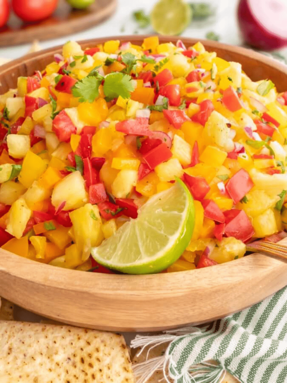 pink bowl of pineapple salsa