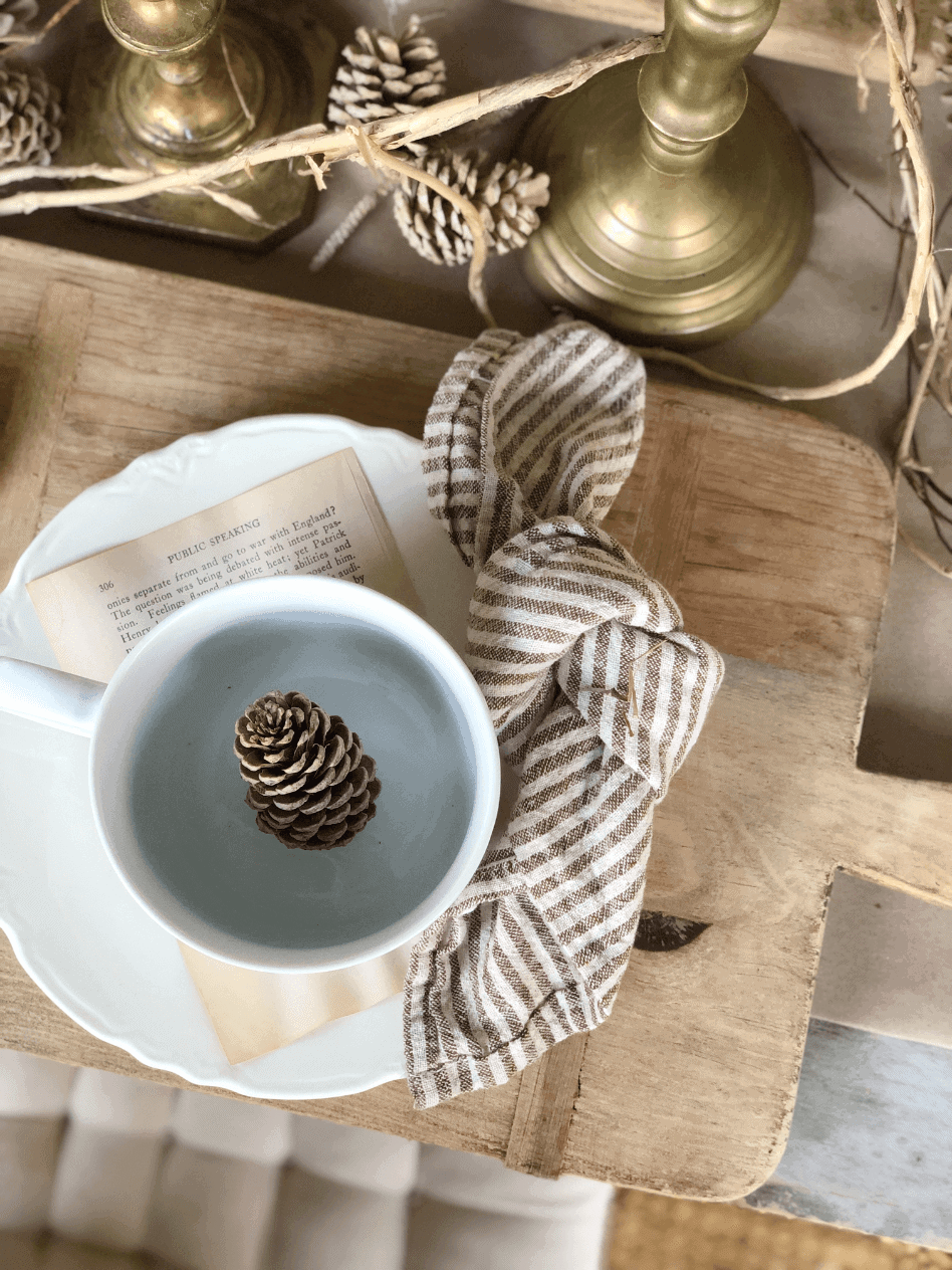 rustic fall table place setting for chowder dinner cutting board chargers white plate white soup mug on top brown stripe napkin tied in knot beside plate brass candlesticks, grapevine, pinecones on table