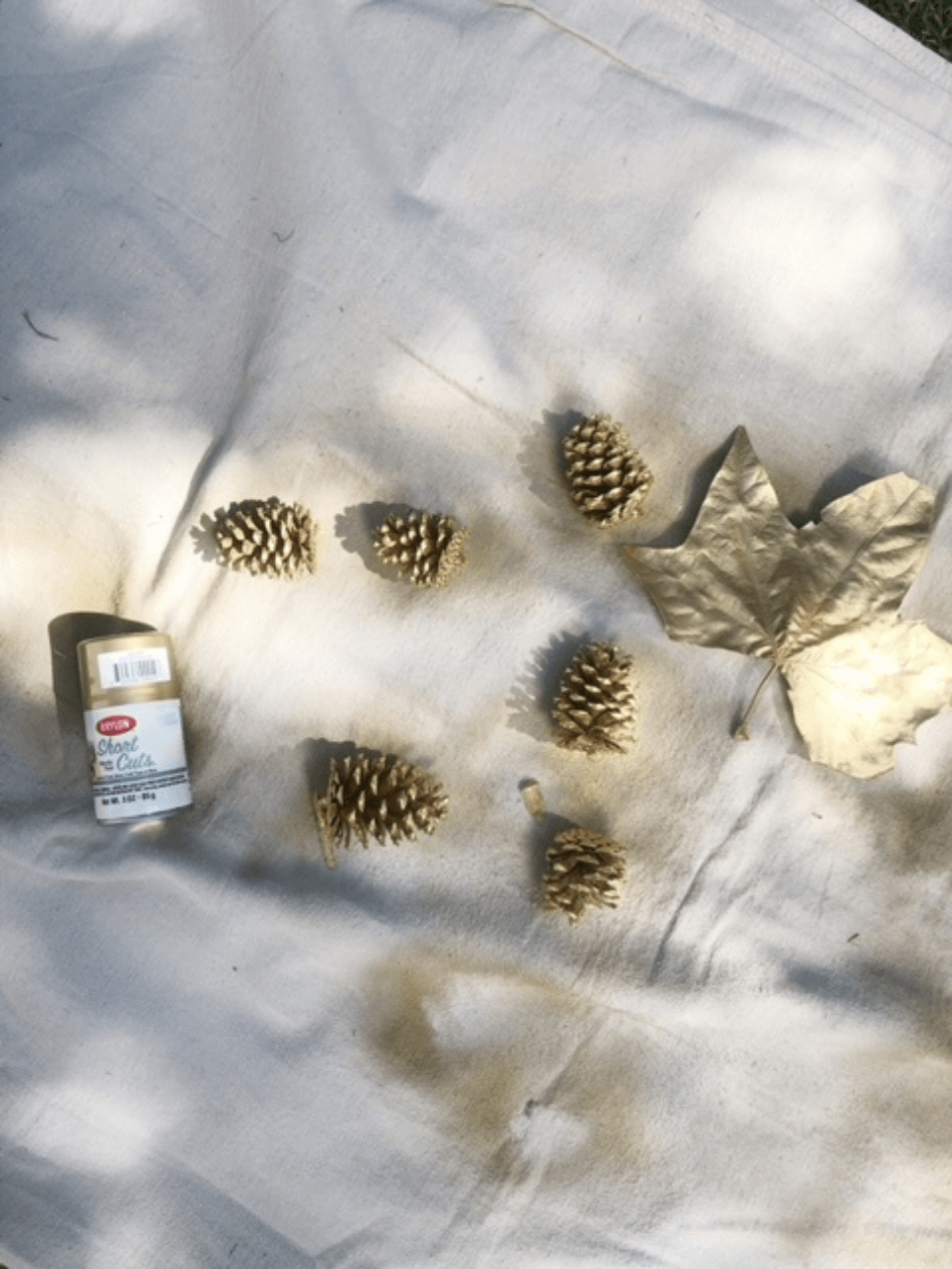 gold spray painted pinecones and leaves outside on dropcloth