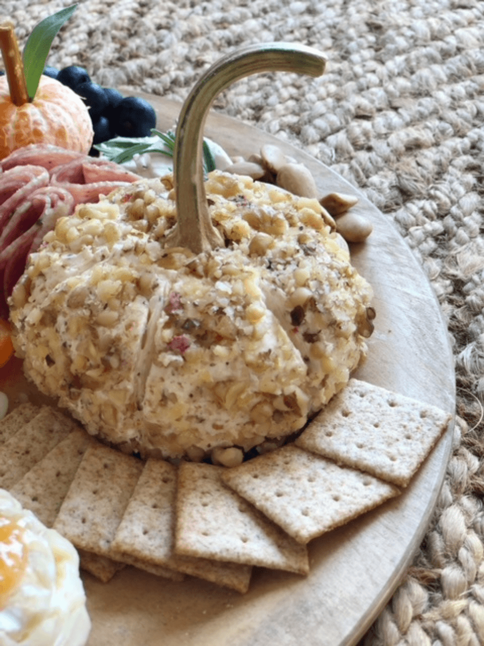 pumpkin shape cheeseball with real pumpkin stem