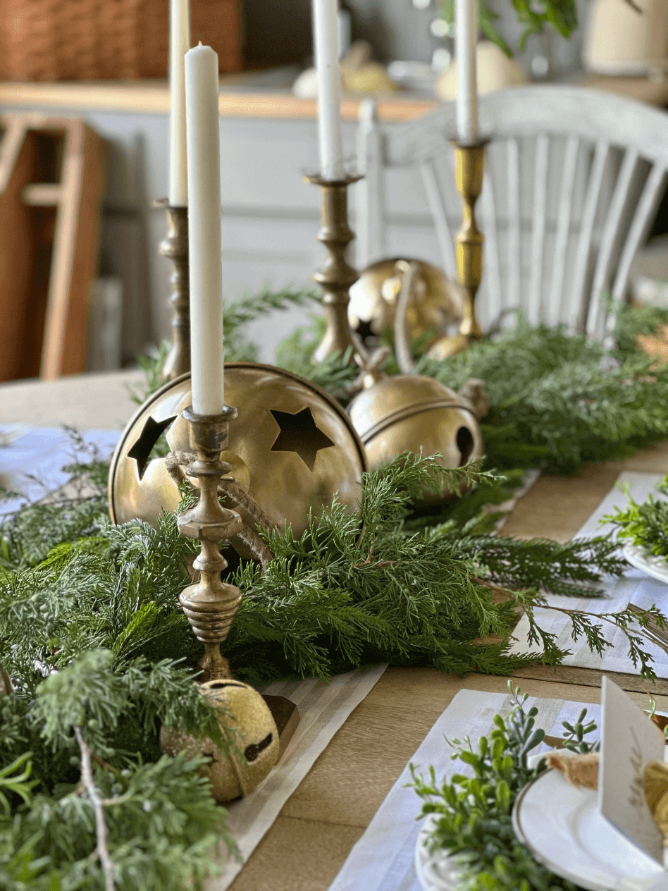 brass candlesticks and pine cones (before greenery)