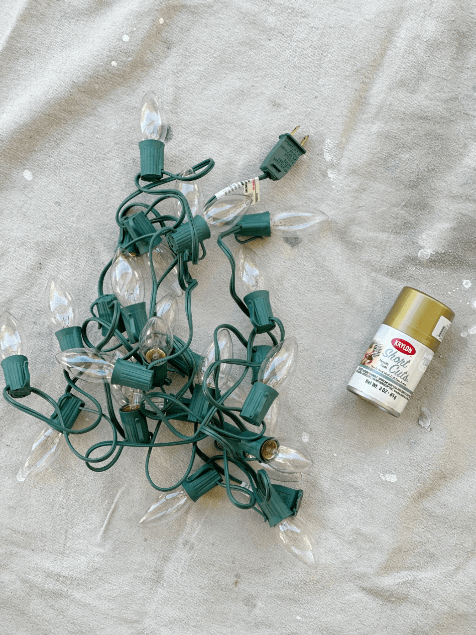 stand of white christmas lights on green cord laying on ground