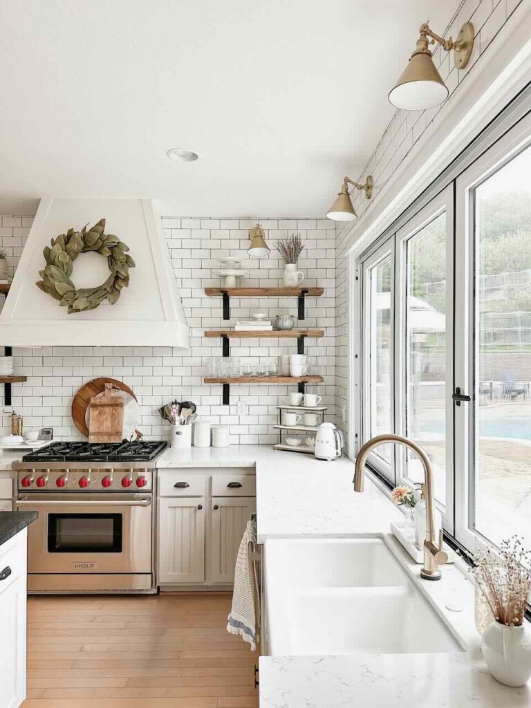 white kitchen with open shelving