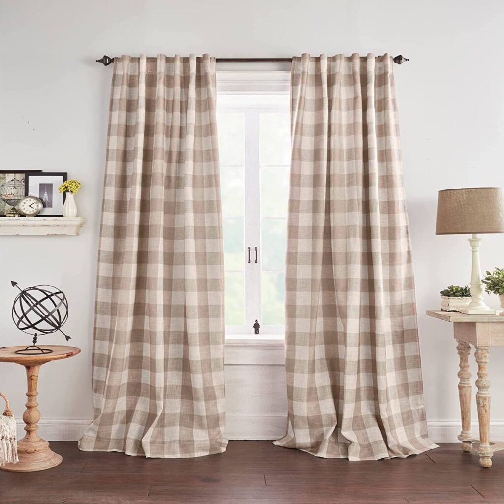 tan and white buffalo check linen window curtain panels