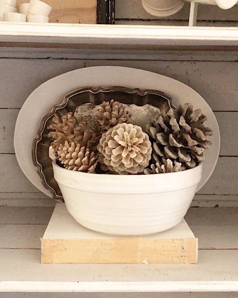 white bowl filled with pinecones for budget fall decor