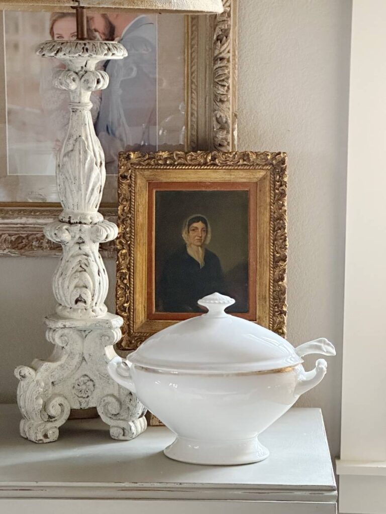 vintage lamp white soup tureen and vintage painting for table decor