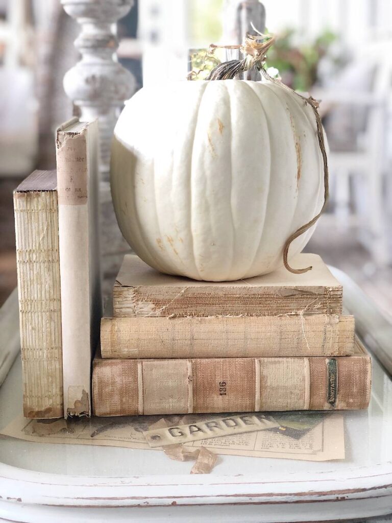 stack of vintage books with white pumpkin on top