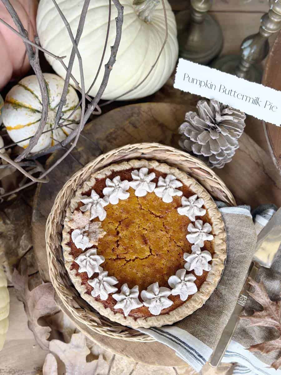 A Buttermilk Pumpkin Pie decorated with small white flower-shaped designs with whipped cream around the edge, sits on a woven placemat. It is surrounded by white pumpkins, a pinecone, and dried leaves. A sign next to the pie reads "Pumpkin Buttermilk Pie.