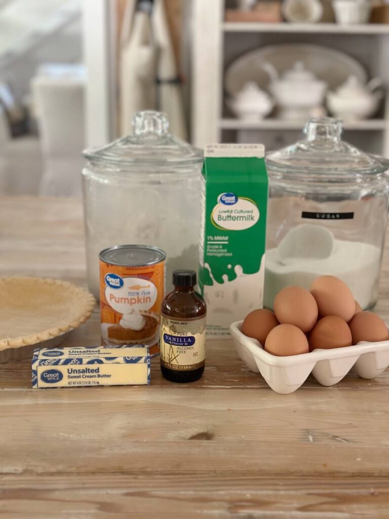 ingredients for Pumpkin Buttermilk Pie sugar flour butter eggs canned pumpkin and buttermilk