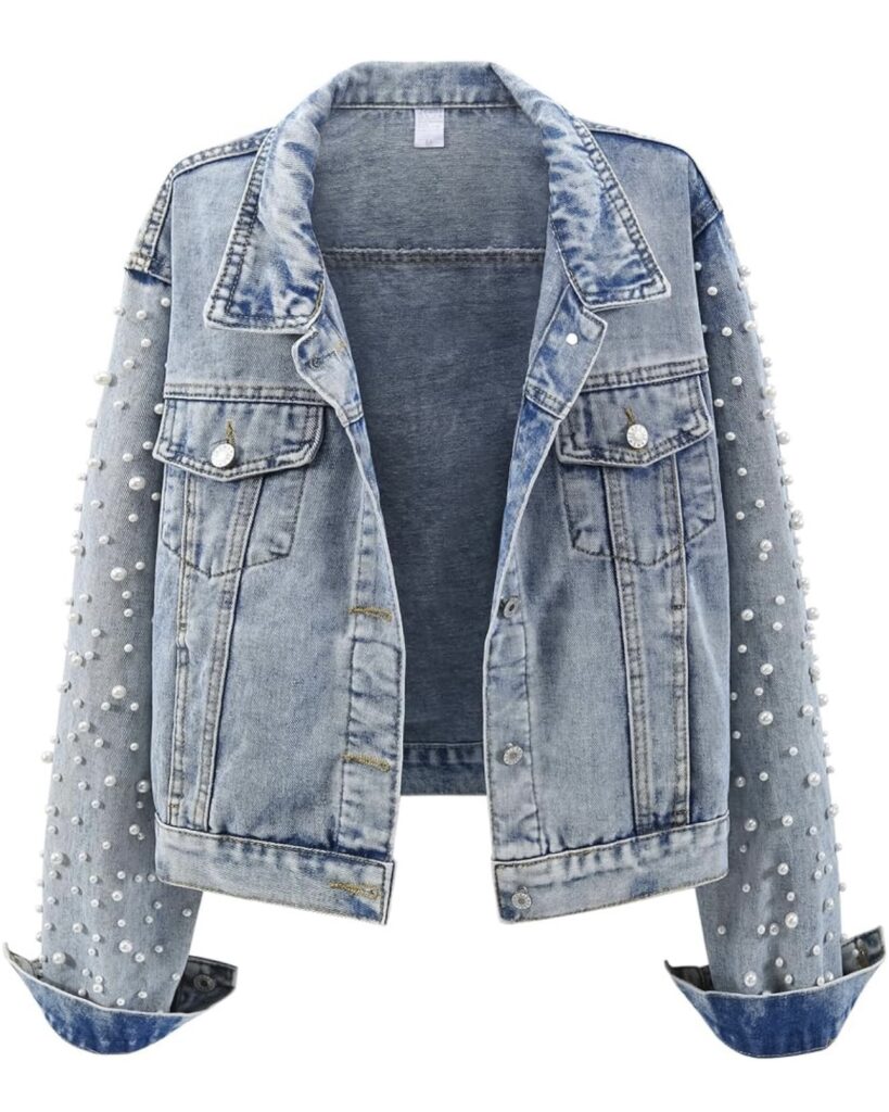 denim jacket with pearls on sleeves