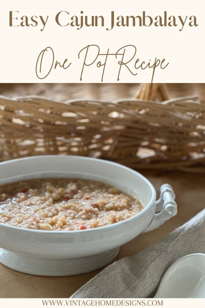 white soup tureen filled with one pot jambalaya