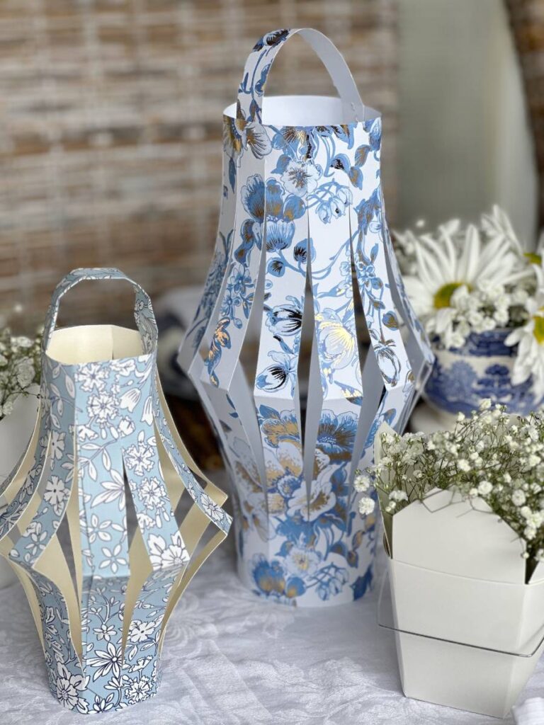 blue floral Chinese paper lanterns for dinner party centerpiece