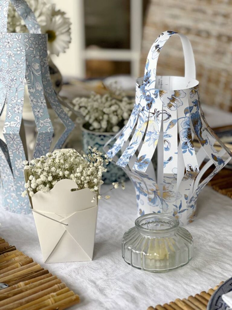 blue floral paper lantern and Chinese take-out box for flower vase for dinner party centerpiece