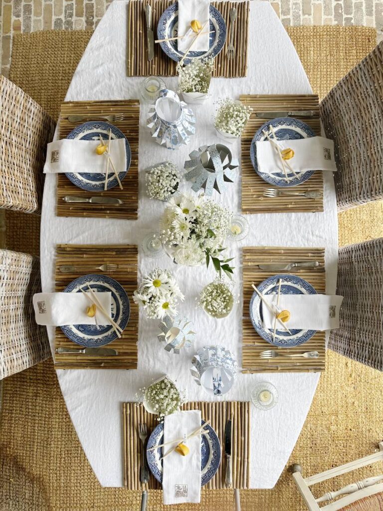 overhead view of table set with Chinese theme for dinner party