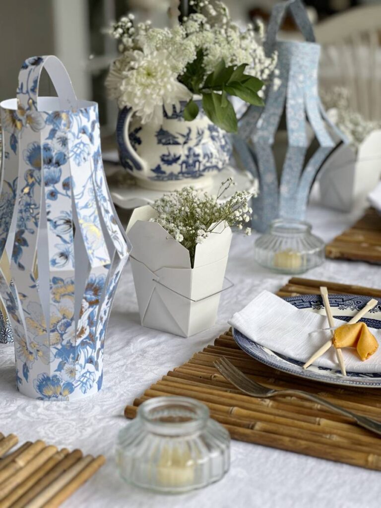 blue floral paper lantern and Chinese take-out box for flower vase for dinner party centerpiece