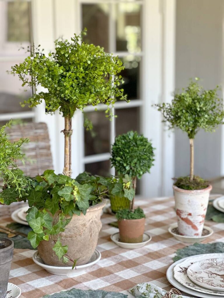 faux topiaries on brown check tablecloth for centerpiece