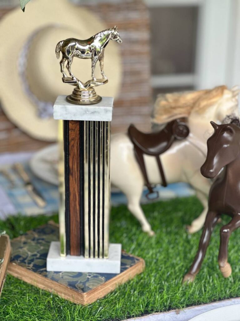 horse trophy in center of dinner table for Kentucky Derby table centerpiece