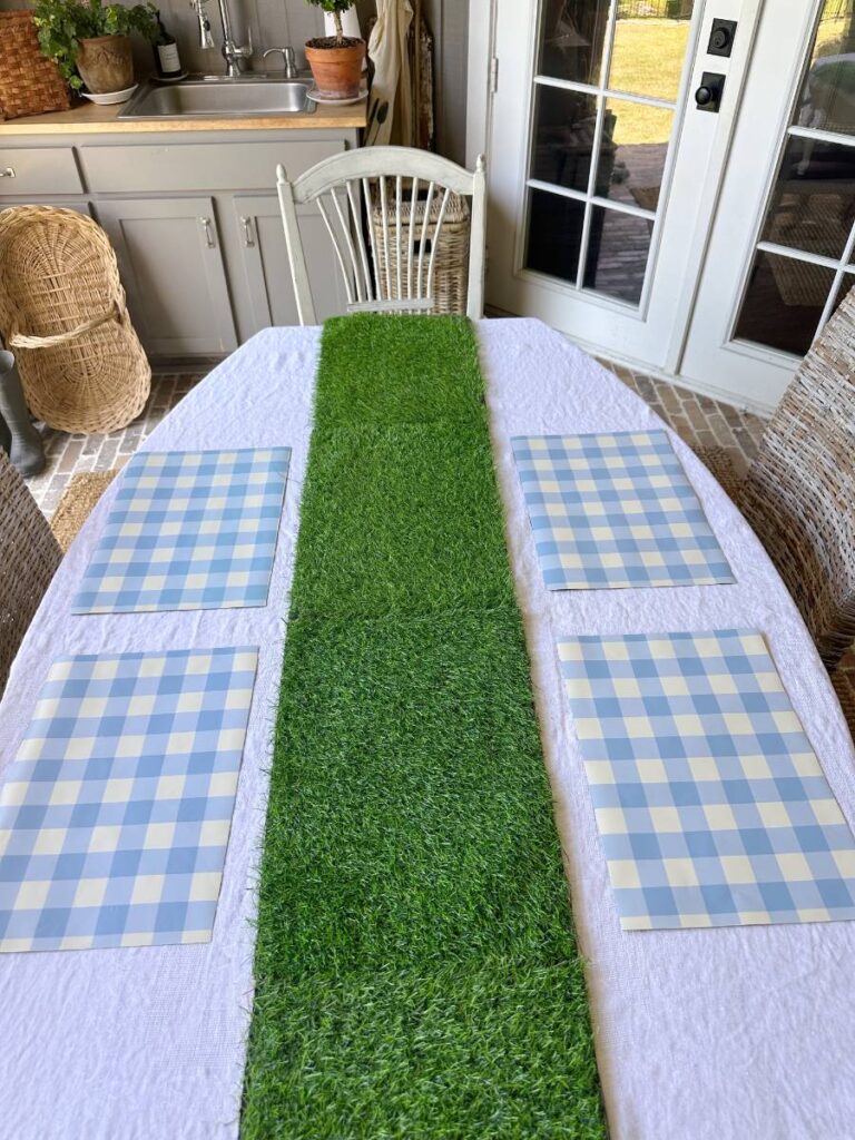 turf table runner and 4 blue and white check placemats