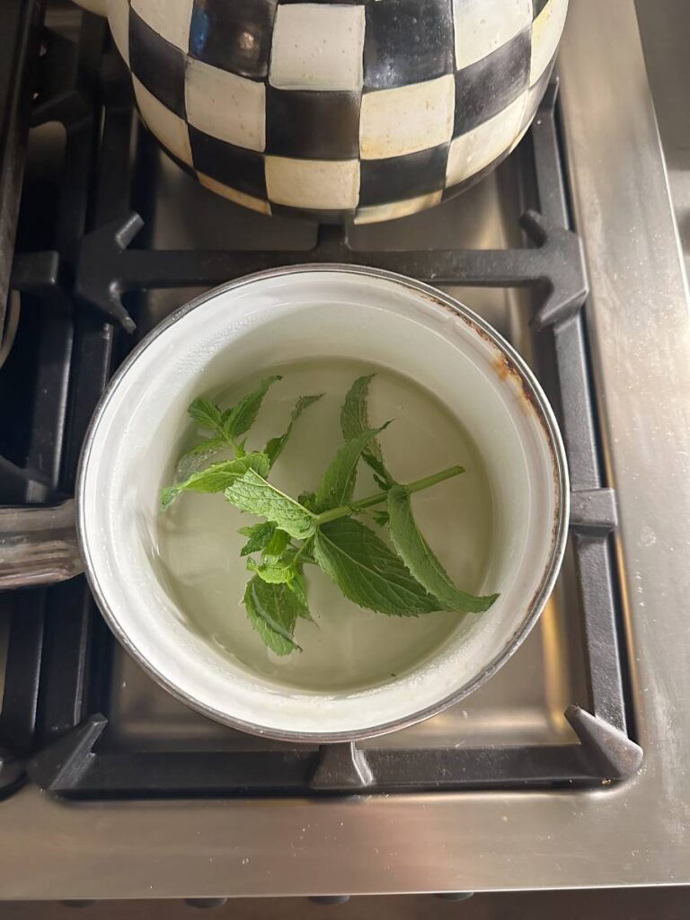 saucepan on stovetop with mint simple syrup