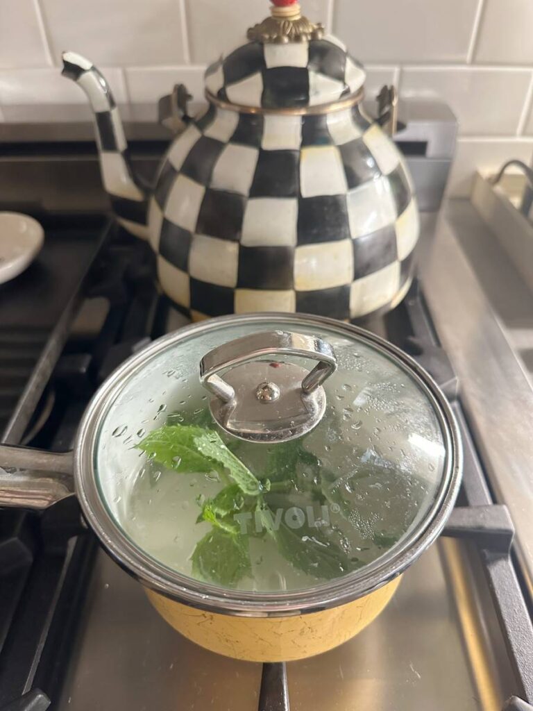 saucepan on stovetop with mint simple syrup