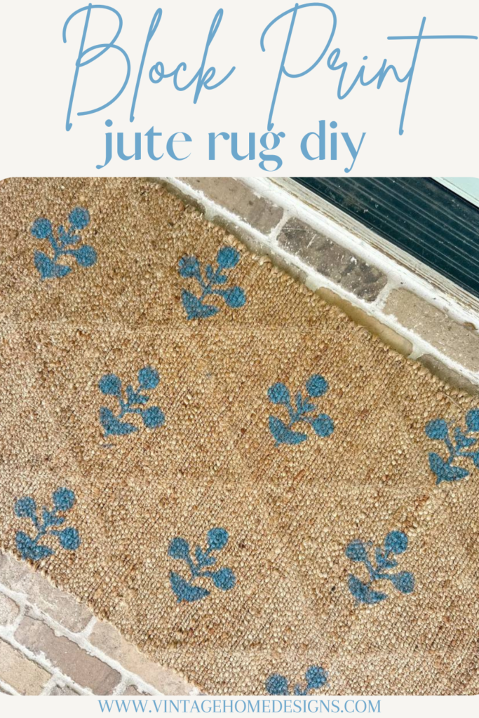 blue block print stencil pattern on jute rug runner