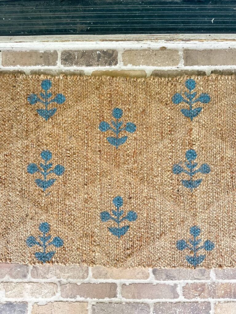 blue block print stencil pattern on jute rug runner