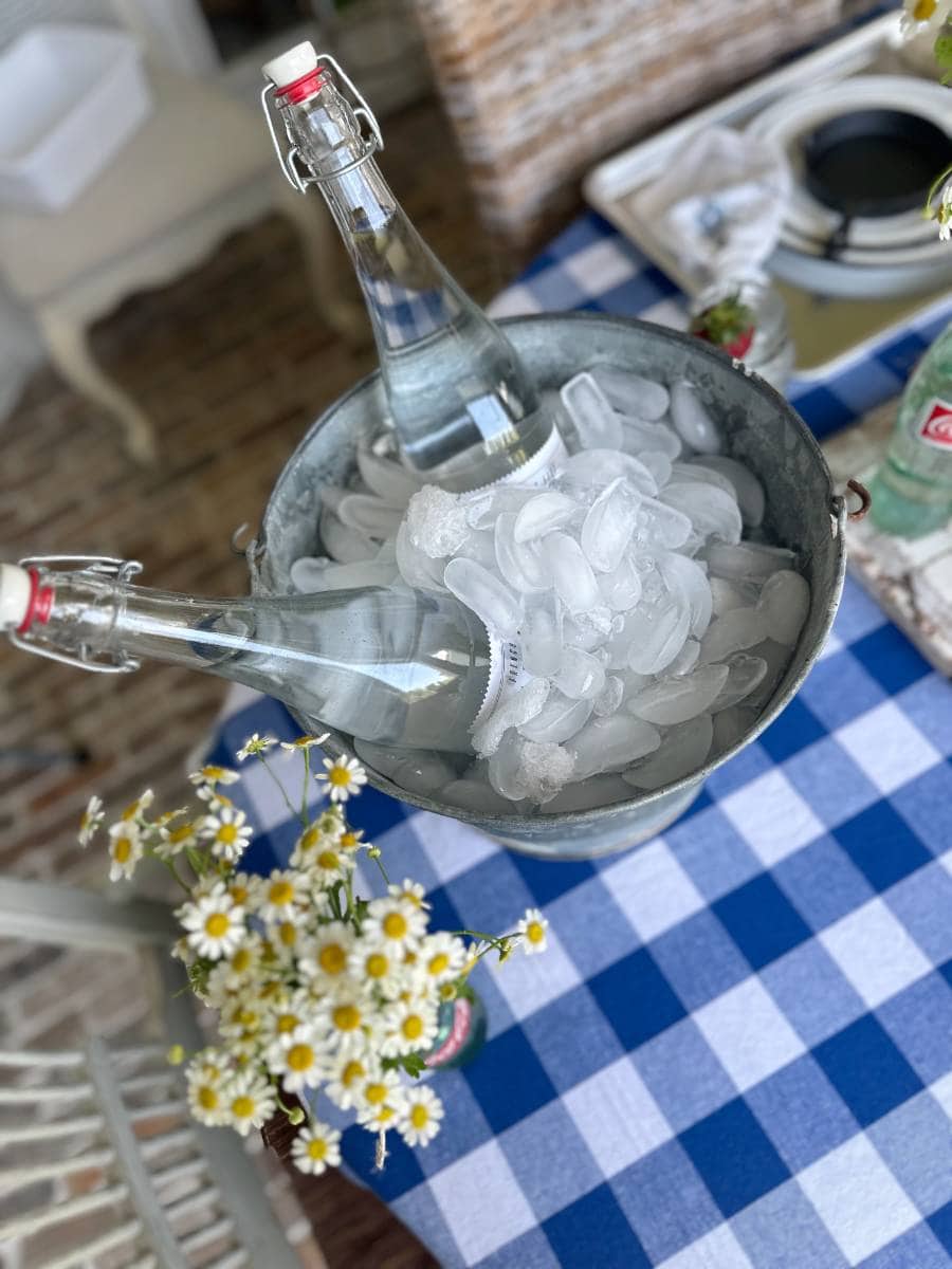 metal bucket filled with ice and 2 glass bottles of water on blue and white check tablecloth