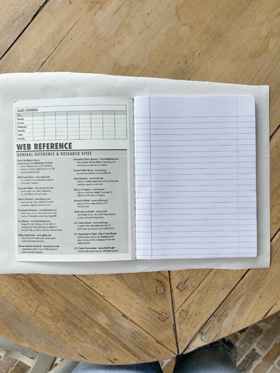 composition notebook opened up on top of white paper