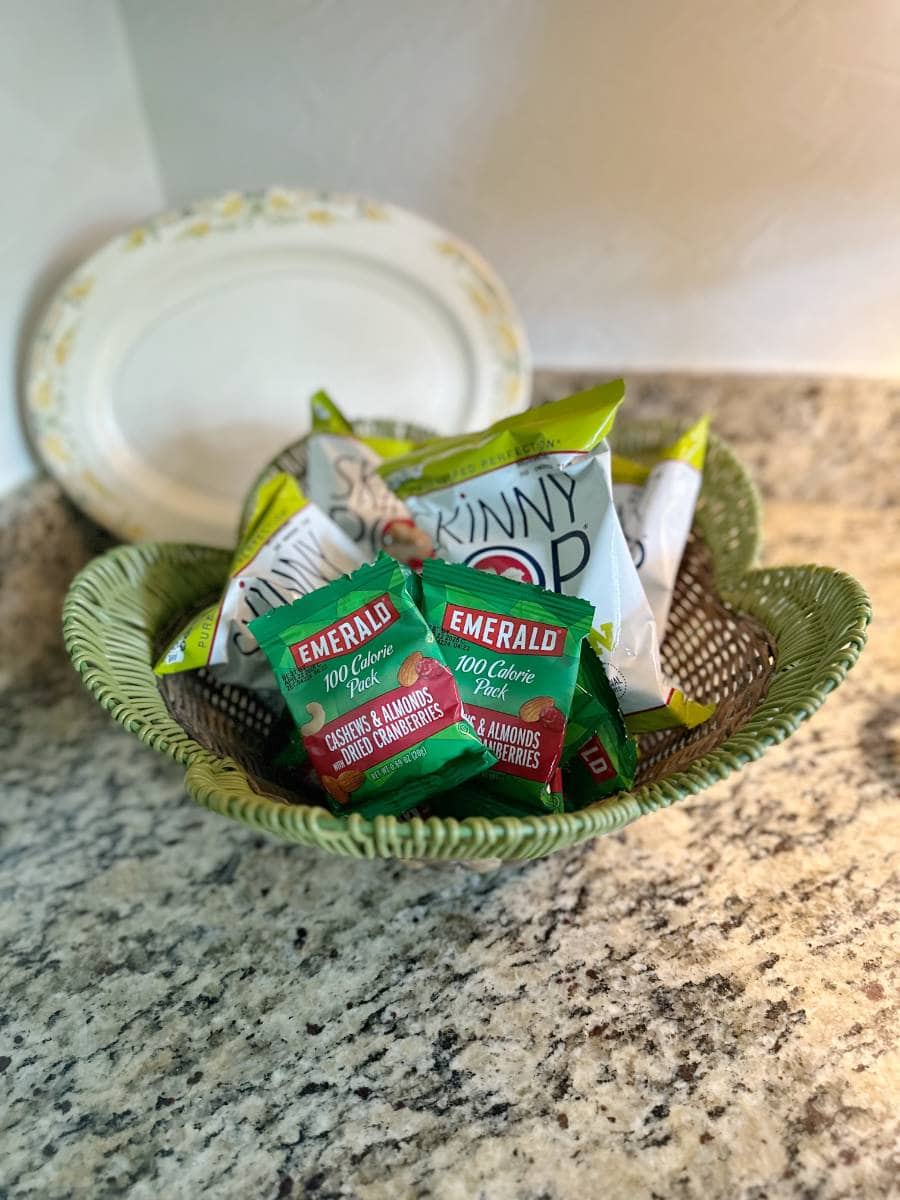 basket of snacks at Airbnb for girlfriends retreat