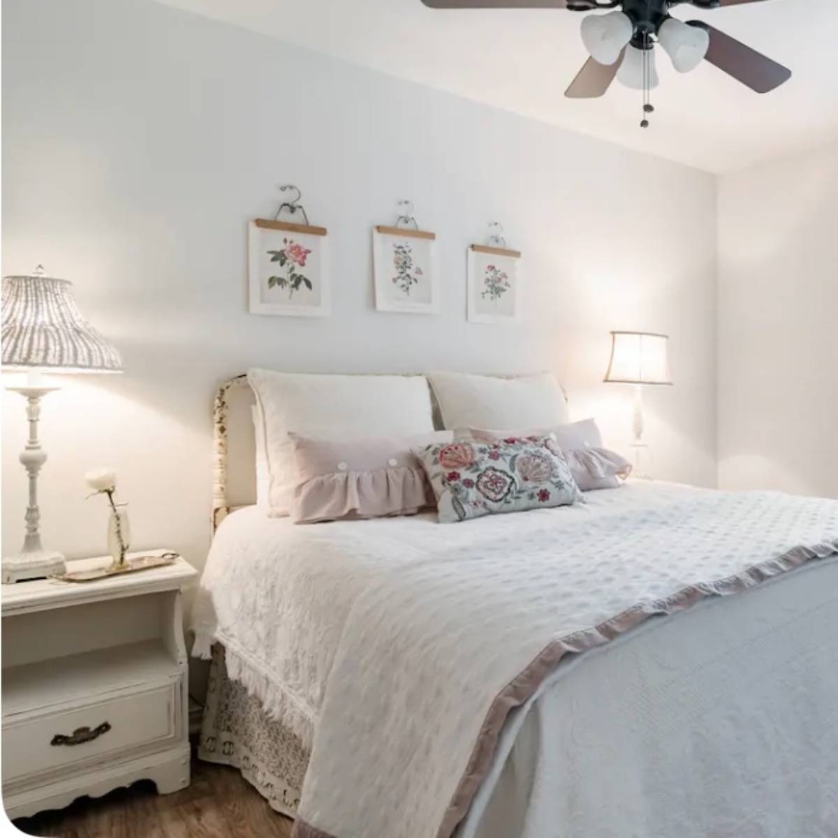 pink and white guest room at Airbnb