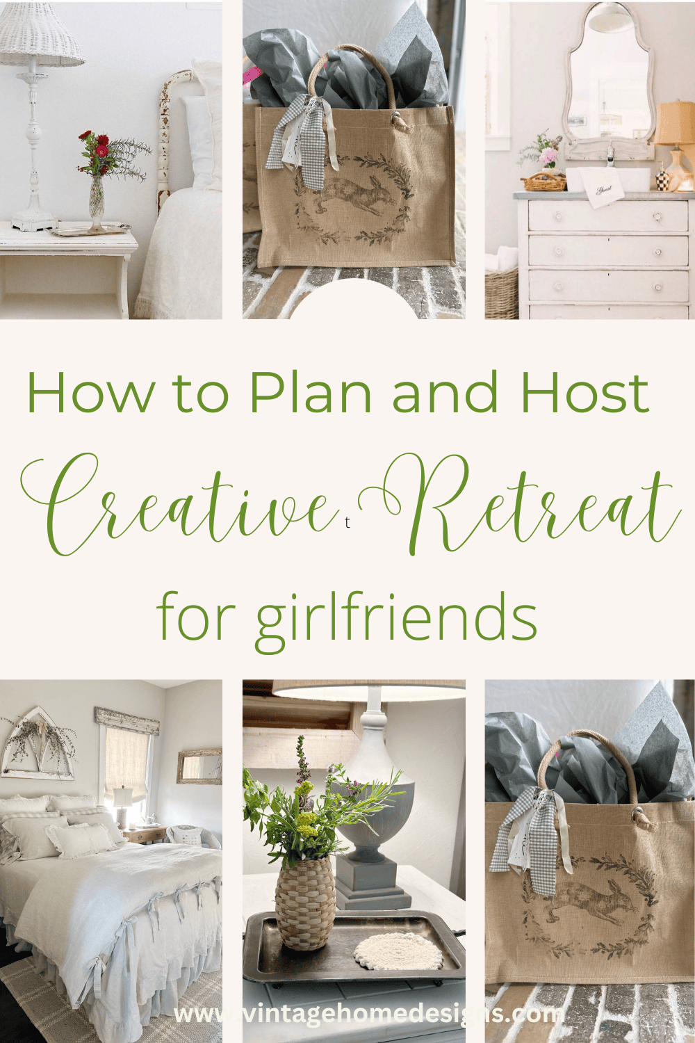 Pinterest Graphic with 6 photos about how to host a creative retreat