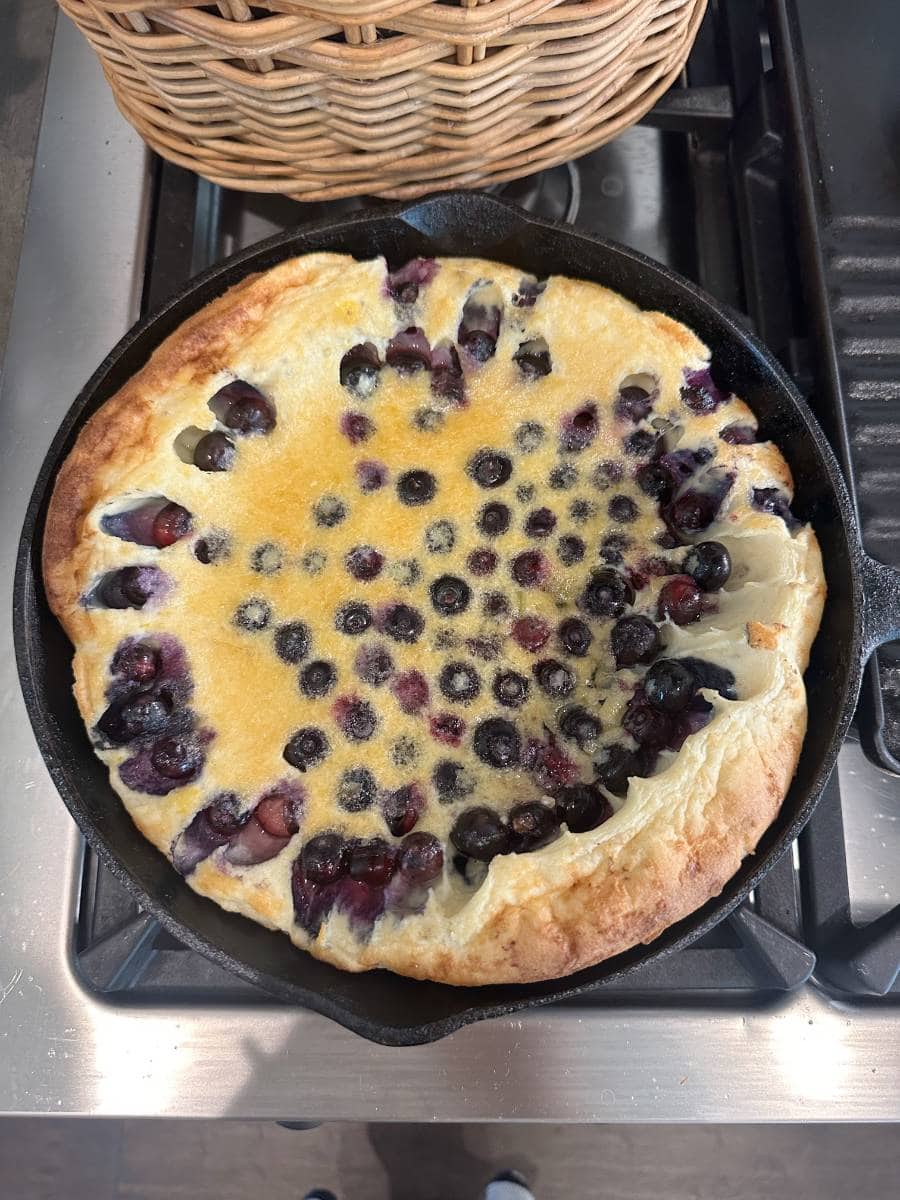 blueberry dutch baby in cast iron skillet