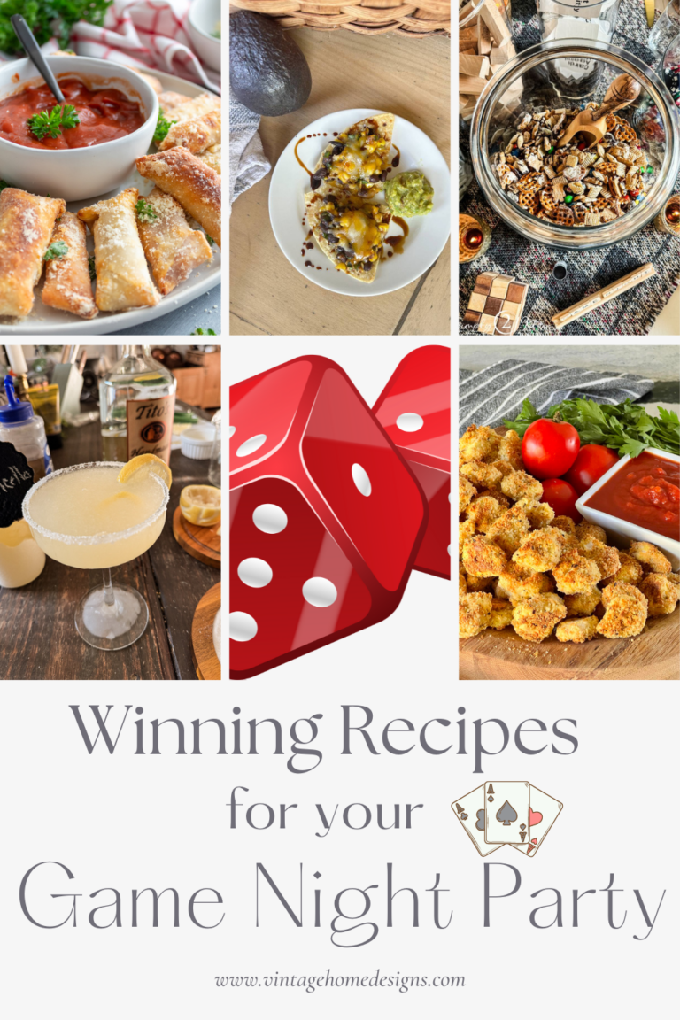 A collage of dishes for a game night party, featuring marinara sauce with breadsticks, a granola bowl, stuffed baked potatoes, salsa with tortilla chips, a margarita, and fried snacks with salsa. Text in the image reads, "Recipes for a Winning Game Night Party.