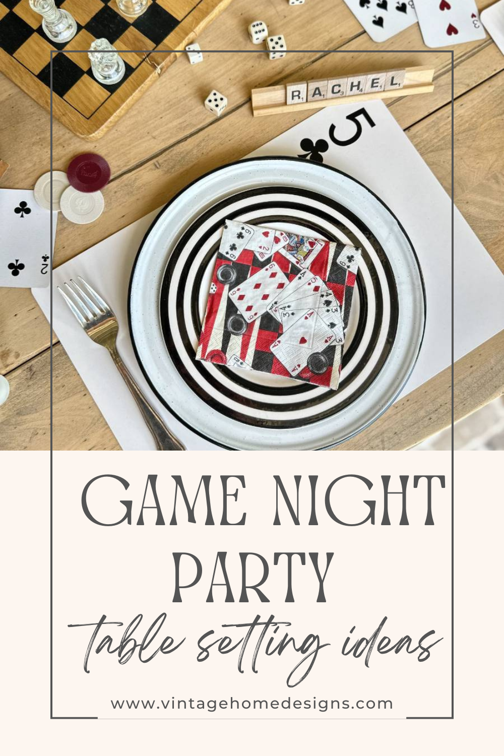 A table setup for a game night party with a black and white striped plate, a fork, and various game pieces, such as Scrabble tiles spelling "RACHEL" and playing cards. The image has a text overlay that reads, "Game Night Party Table Setting Ideas" and a website URL.