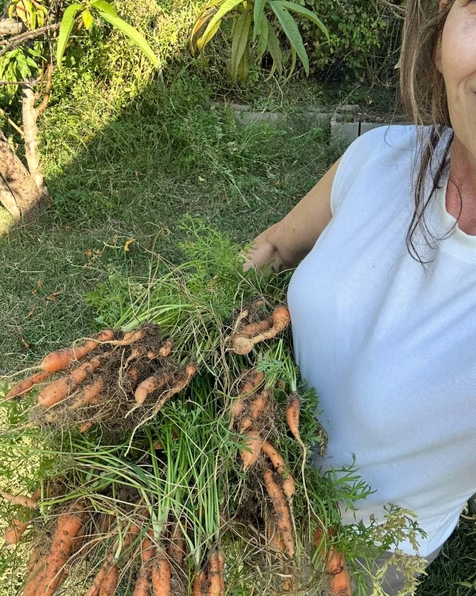 A woman in a white shirt holds a large bunch of freshly harvested carrots with green tops in an outdoor garden, perfect for an Outdoor Spaces Summer Home Tour. Only the lower half of her face is visible against a lush green background.
