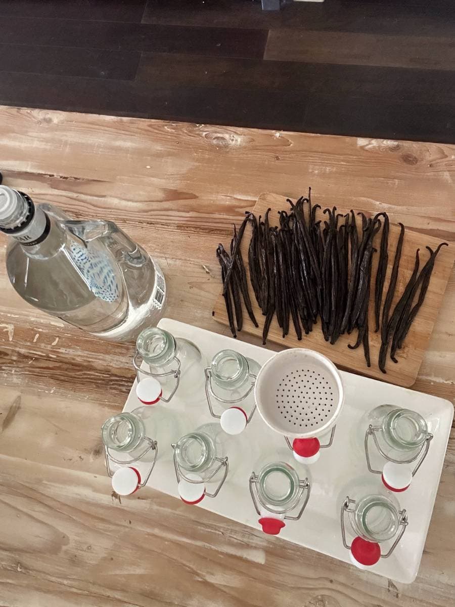A bottle of clear liquid, several vanilla beans, six small glass bottles with red and white caps, and a strainer on a tray are arranged on a wooden surface—perfect for an easy homemade vanilla extract DIY project.