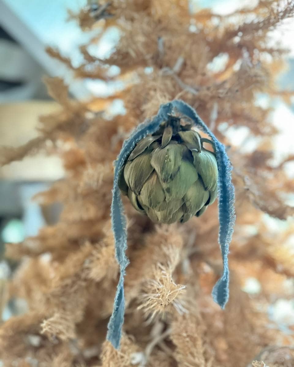 A dried artichoke decorated with a blue ribbon hangs in front of a blurred background of beige dried foliage. The focus is on the artichoke, with soft natural light highlighting its textures.