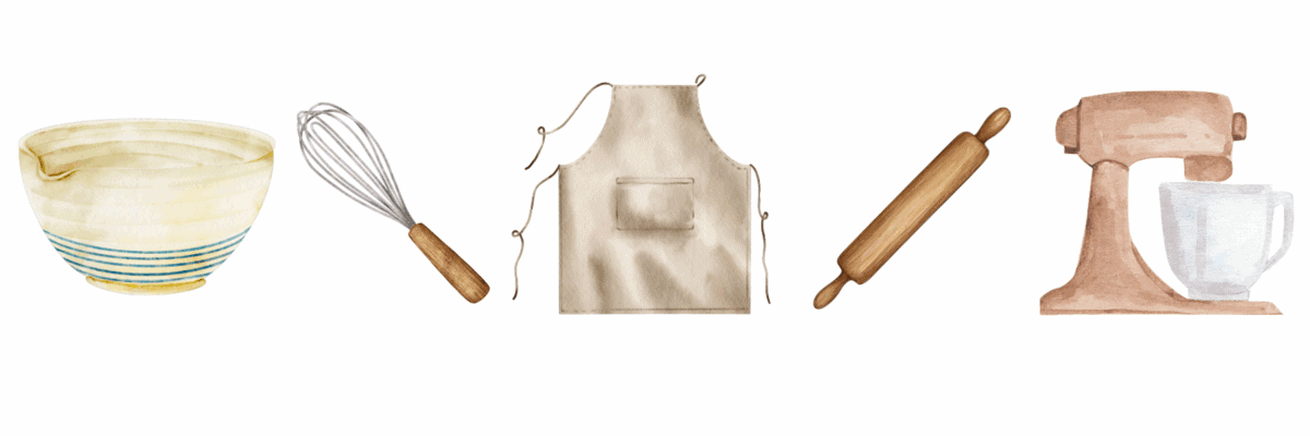 Illustration of baking tools—a mixing bowl, whisk, beige apron, wooden rolling pin, and stand mixer—arranged in a row on white background, perfect for a Mother's Day Gift Guide.