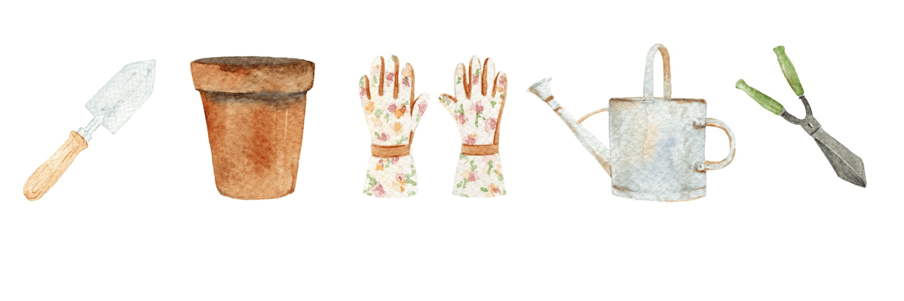 Watercolor illustration of gardening tools, perfect for a Mother's Day Gift Guide, featuring a trowel, clay pot, floral gloves, watering can, and pruning shears arranged in a row on a white background.
