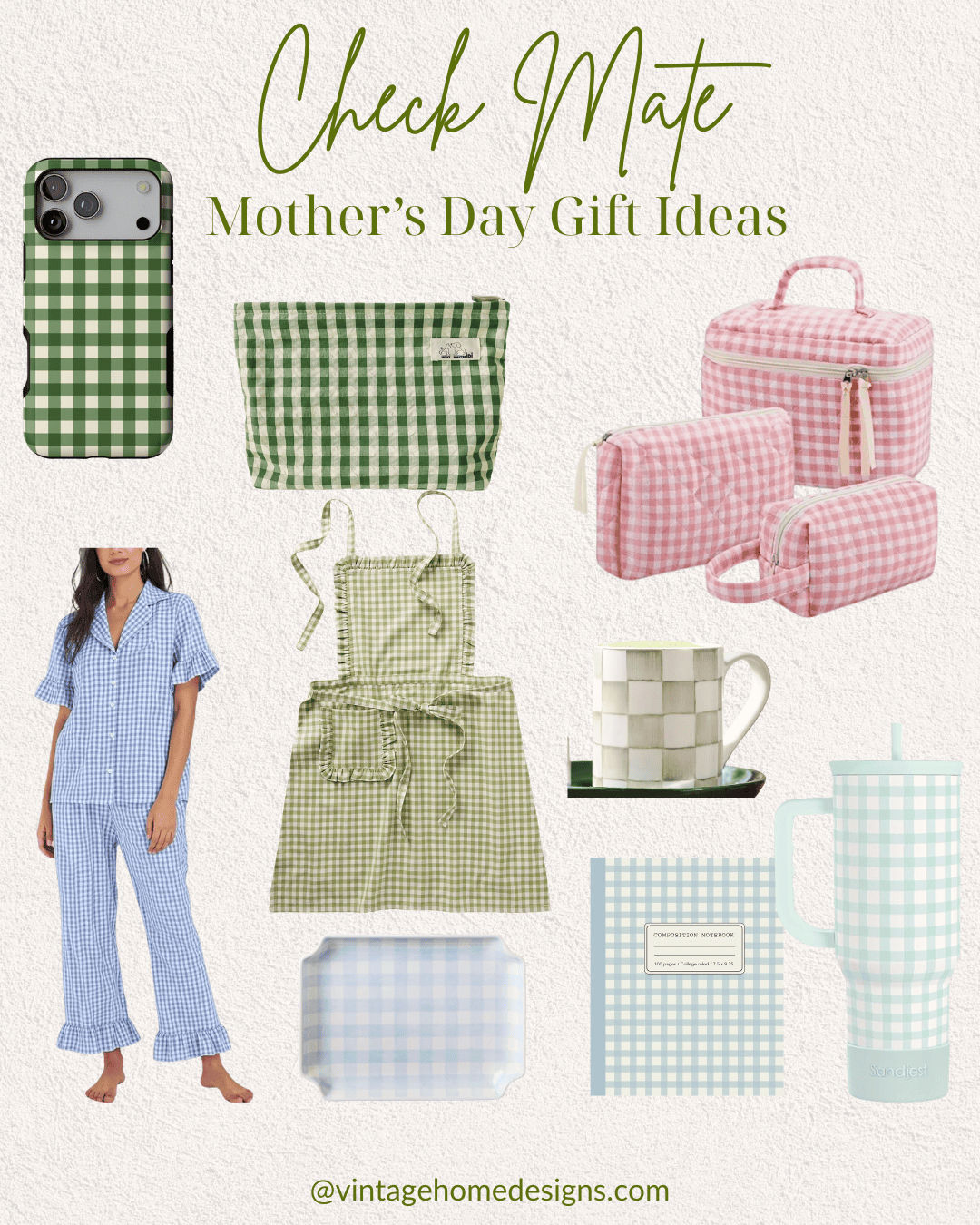 A collage for a Mother's Day Gift Guide featuring green and pink gingham patterns: phone case, travel bags, apron, pajamas, tray, mug, notebook, and tumbler—all displayed on a textured white background with green text.