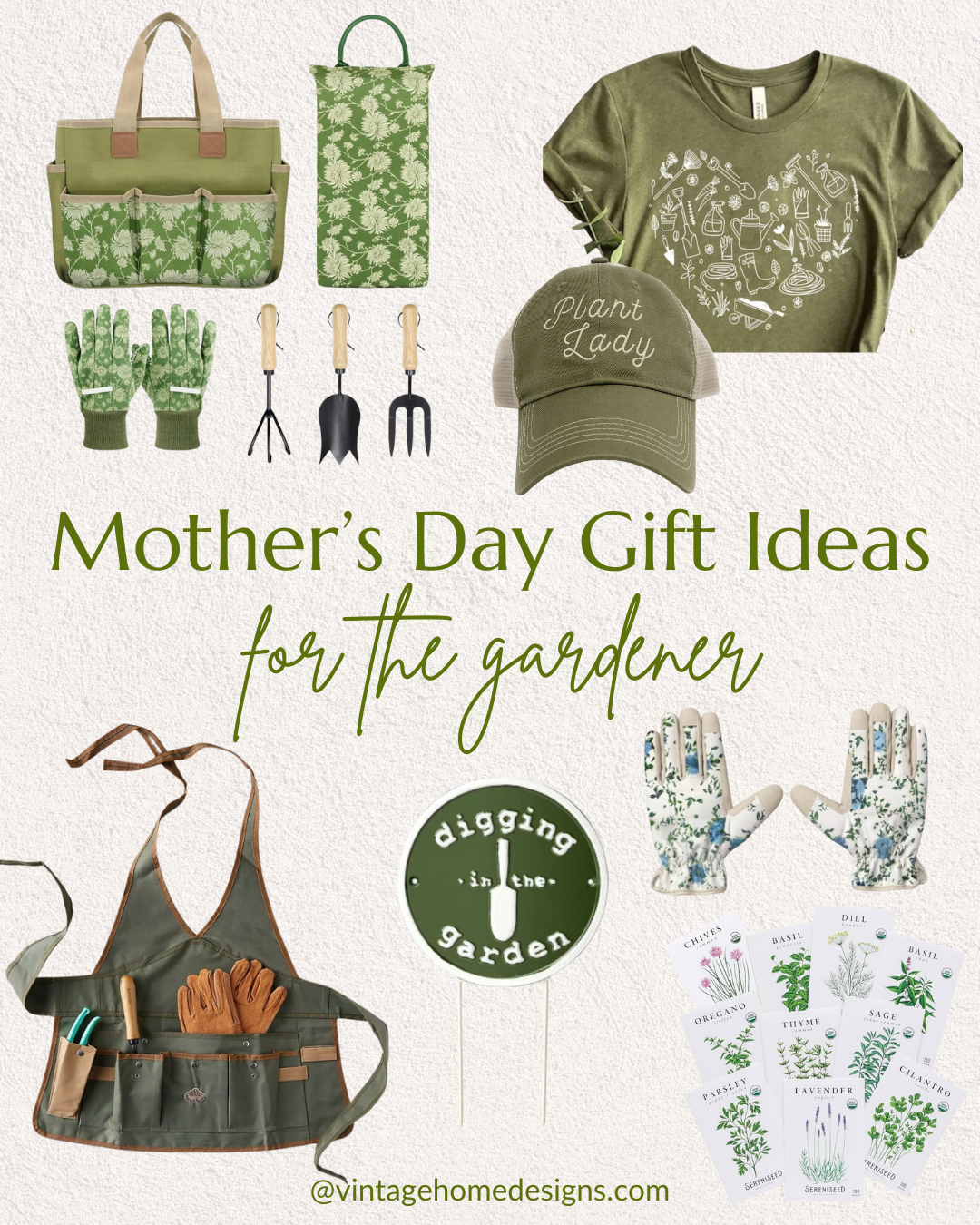 Collection of gardening-themed Mother's Day gift ideas, including gloves, tools, apron, tote, seed packets, sun hat, t-shirt, cap with "Plant Lady," and a "digging in the garden" garden sign.