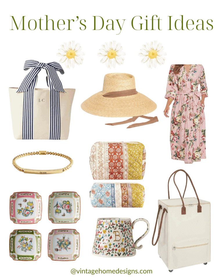 A collage labeled "Mother’s Day Gift Ideas" displays a striped tote bag, wide-brim hat, floral dress, gold bracelet, colorful quilt, floral plates, a monogrammed mug, and a cream-colored rolling cooler bag.
