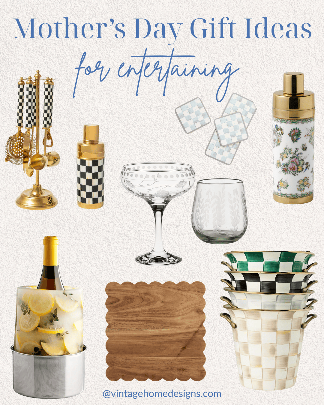 A collage of entertaining-themed Mother's Day gift ideas, including drink stirrers, checkered salt and pepper shakers, coasters, a shaker, drink glasses, wood trays, an ice bucket with lemonade, and decorative bowls.