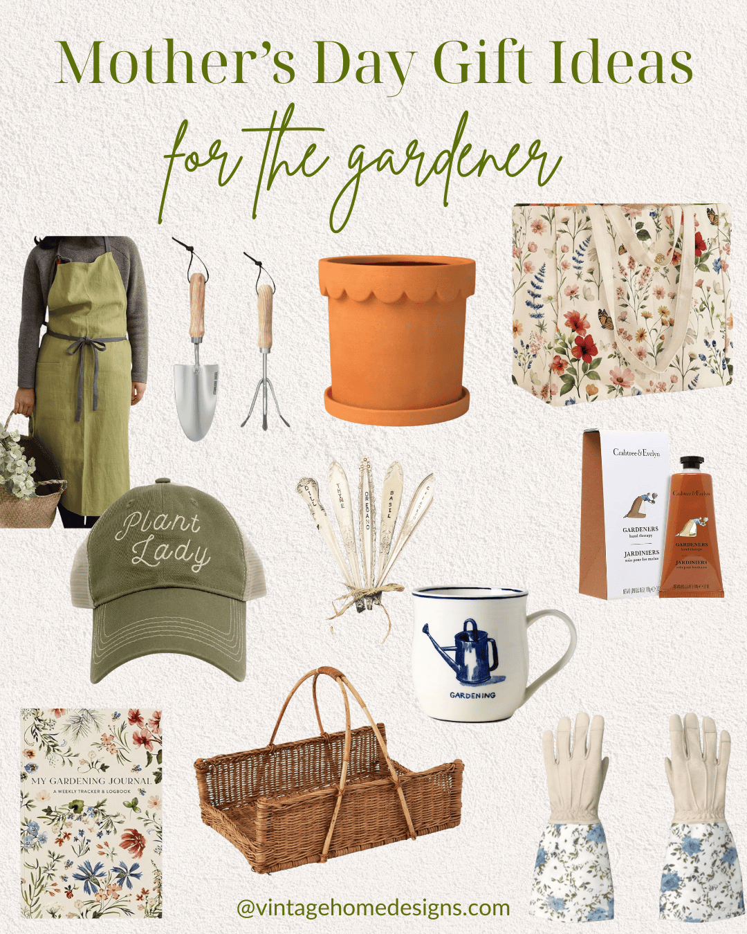 A collage of Mother's Day gift ideas for gardeners, including an apron, gardening tools, terracotta pot, floral tote bag, "Plant Lady" cap, hand cream, gardening journal, plant markers, mug, basket, and gloves.